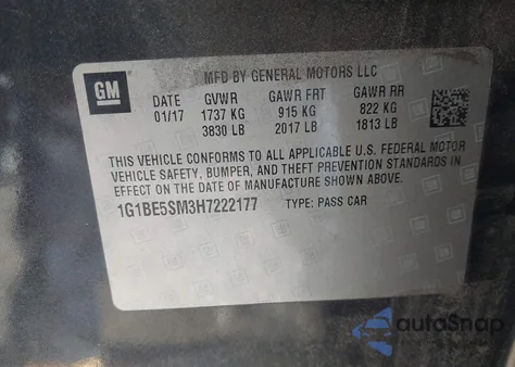 2017 Chevrolet Cruze Lt Auto из США, поврежденный, VIN 1G1BE5SM3H7222177